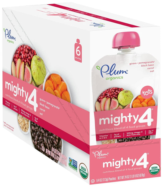 Plum Organics Tots Baby Food Pouch | Mighty 4 | Carrot, Guava, Oats, Black Beans | 4 Ounce | 6 Pack | Organic Food Squeeze For Babies, Kids, Toddlers