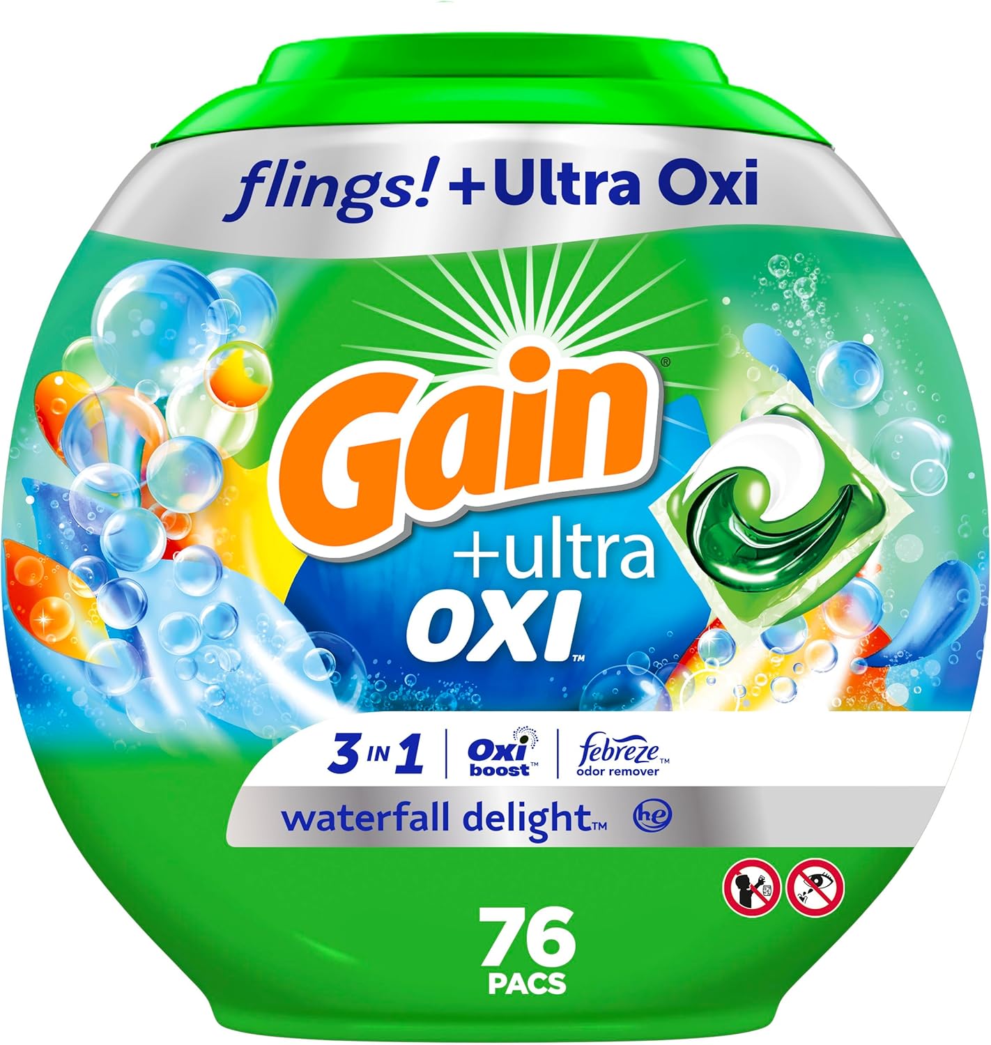 Gain Flings Ultra Oxi Laundry Detergent Pacs 3-In-1 He Compatible, Waterfall Delight Scent, 76 Count