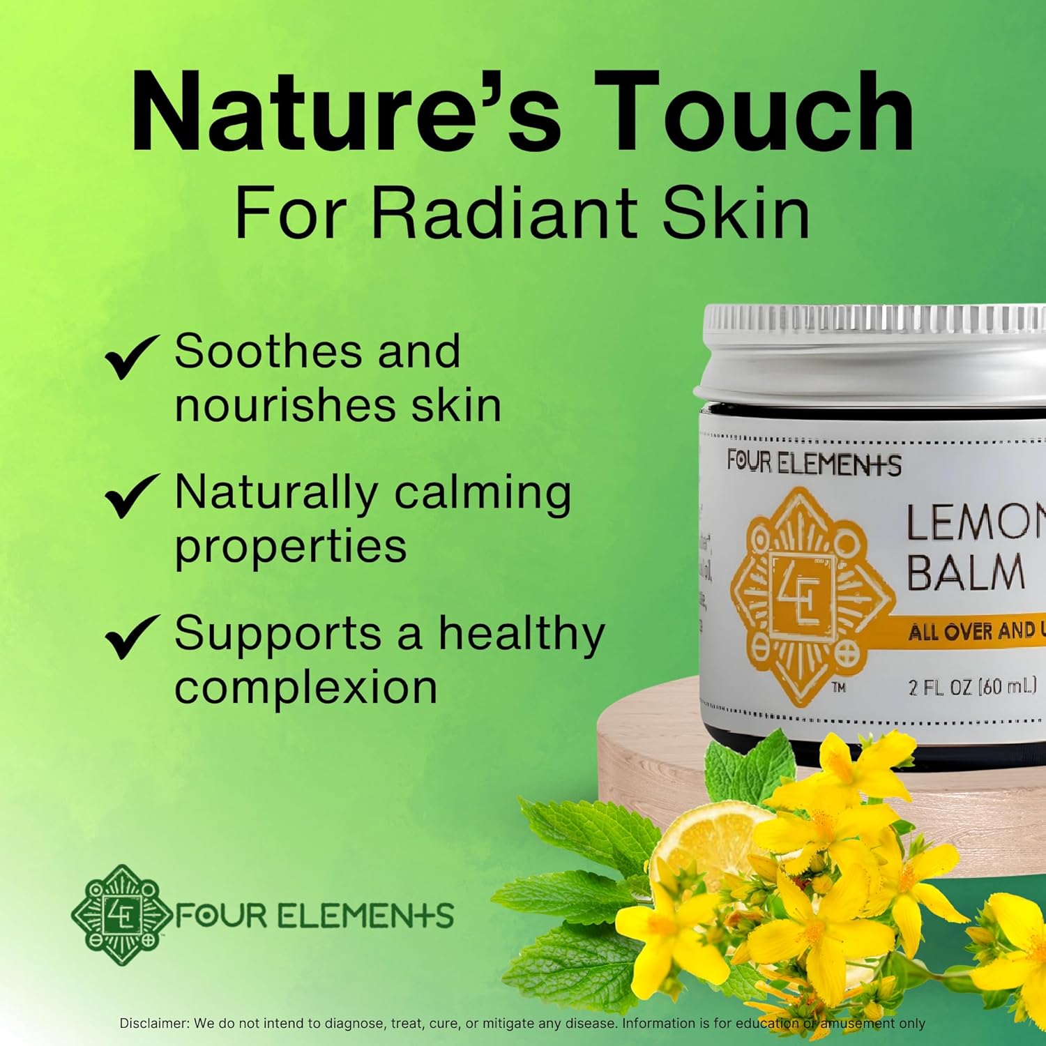 Four Elements Lemon Balm Face Moisturizer Cream - 2 Oz | Herbal Face Cream With Organic Lemon Balm, Chamomile, Shea Butter & Vitamin E | Body Hydrating Moisturizer Beauty Essential : Body Gels And Creams : Beauty & Personal Care