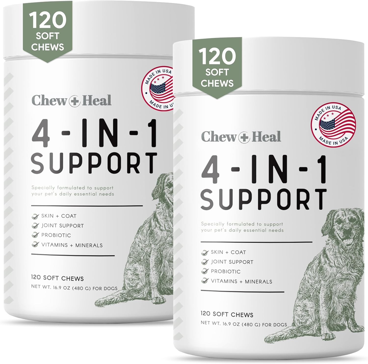 Chew + Heal All In 1 Dog Vitamin, 2Pk - 240 Soft Chew Treats - Chewable Multivitamin With Probiotics, Digestive Enzymes, For Skin And Coat, Hip And Joint Support - Made In The Usa