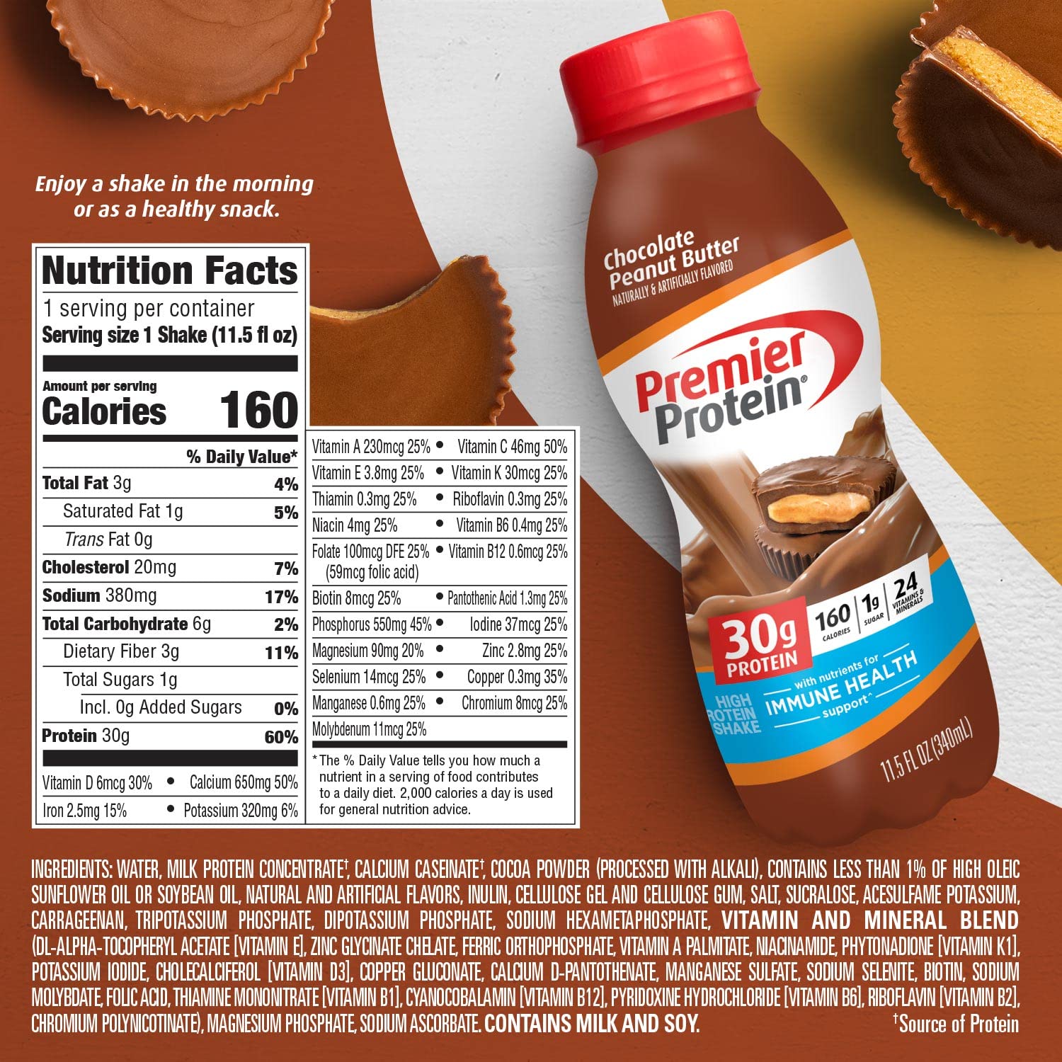 Premier Protein Shake, Chocolate Peanut Butter, 30G Protein, 1G Sugar, 24 Vitamins & Minerals, Nutrients To Support Immune Health, 11.5 Fl Oz, 12 Count