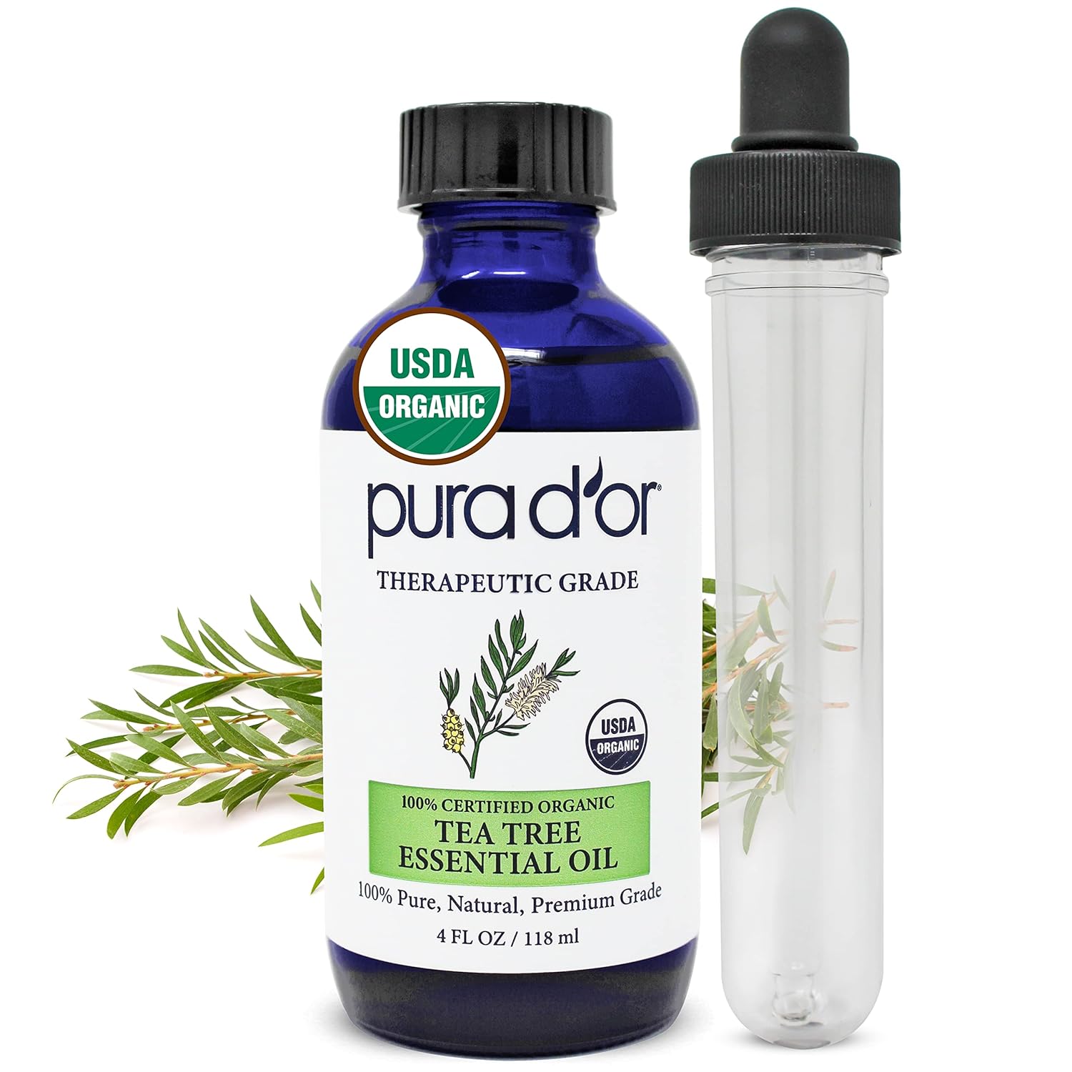 Pura D'Or Organic Tea Tree Melaleuca Essential Oil (4 Oz With Glass Dropper) 100% Pure & Natural Therapeutic Grade For Hair, Body, Skin, Scalp, Aromatherapy Diffuser, Cleansing, Purify, Home, Diy Soap