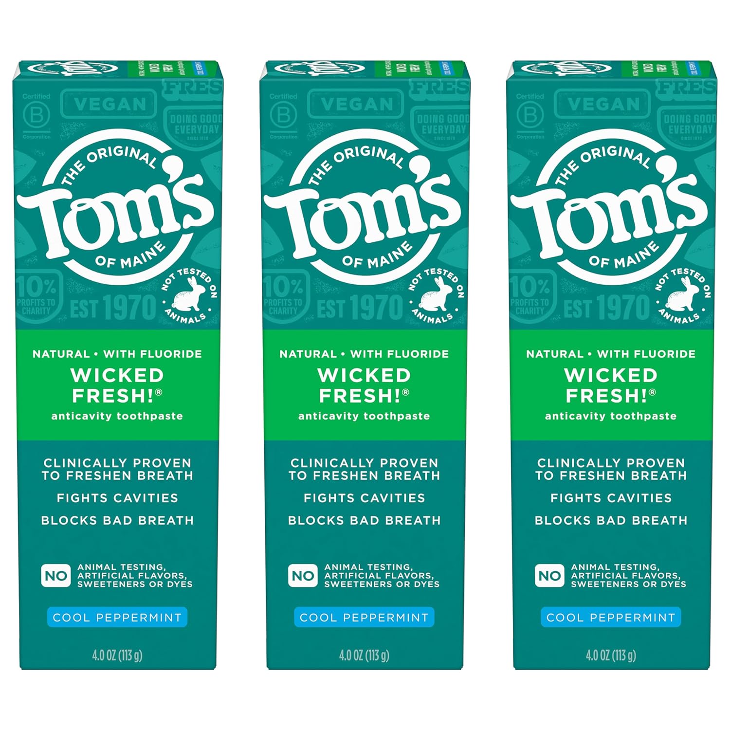 Tom's of Maine Wicked Fresh! Natural Fluoride Anticavity Toothpaste, Cool Peppermint, 3 Pack, 4.0oz