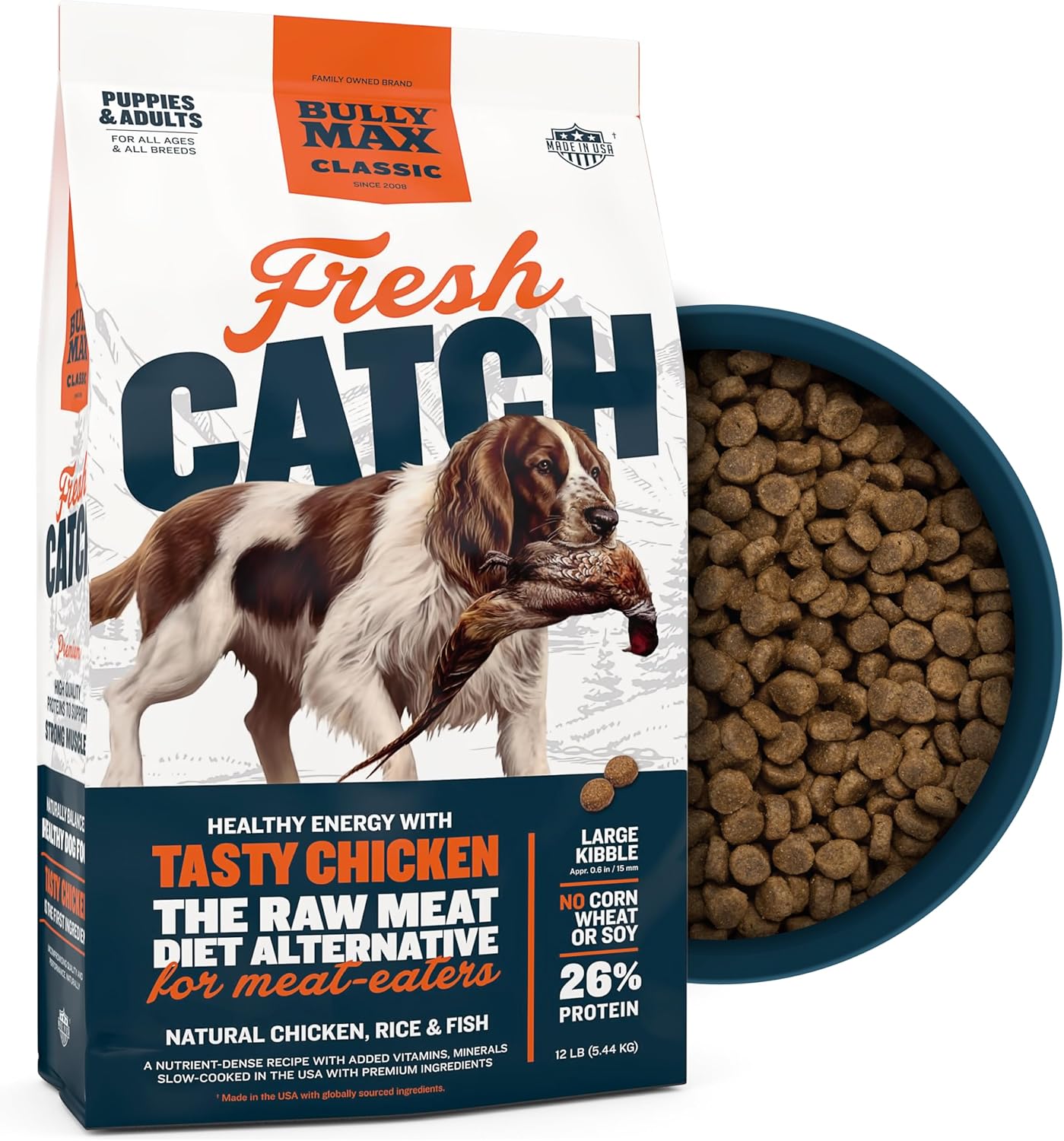 Bully Max Classic Fresh Catch Dry Dog Food - Slow-Cooked, Natural Chicken, Rice & Fish Recipe - Nutrient-Rich Large Kibble Wholesome Puppy & Dog Food - 6 Lbs