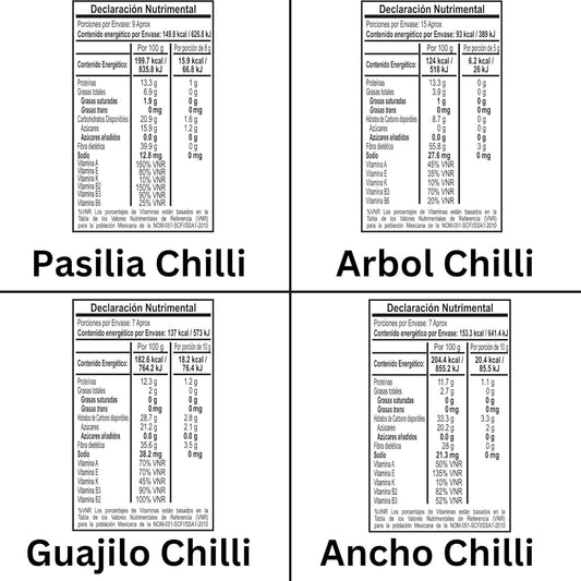 Tajin Authentic Mexican Chilli Bundle Containing 4 Types Of Whole Dried Chillies - Guajillo, Ancho, Pasilla And Arbol (300G Total)
