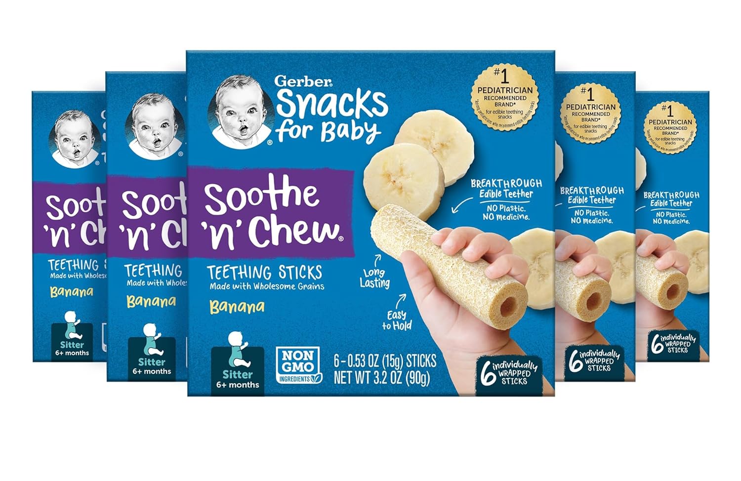 Gerber Snacks For Baby, Baby Food, Snacks, Sitter, Soothe N Chew Teething Sticks, Banana, Banana Teether, 5 Boxes Of 6 Individually Wrapped Sticks (30 Count)