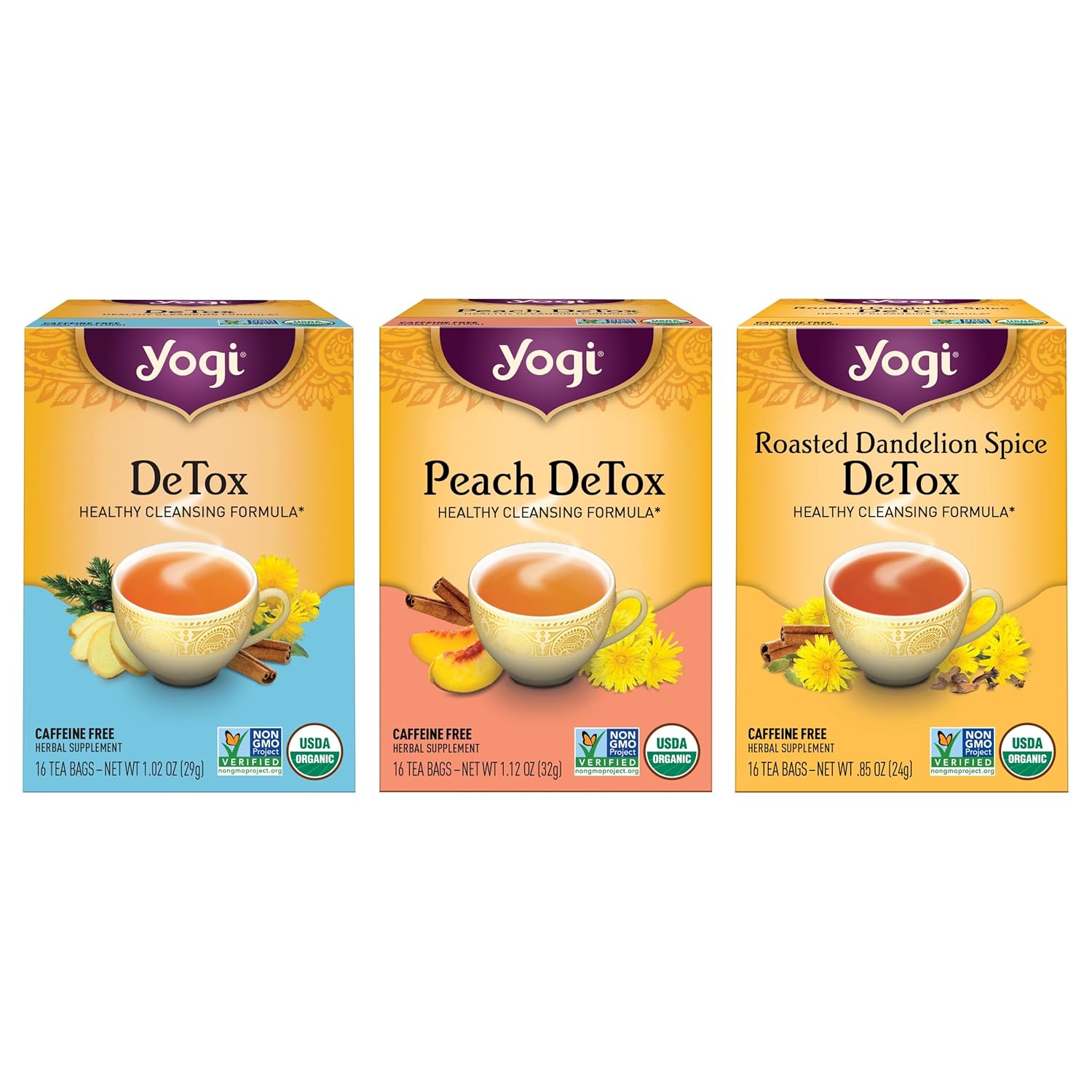 Yogi Tea Herbal Detox Variety Pack - 16 Tea Bags Per Pack (3 Packs) - Organic Detox Tea Sampler - Includes Detox Tea, Peach Detox Tea & Roasted Dandelion Spice Detox Tea - Tea Assortment