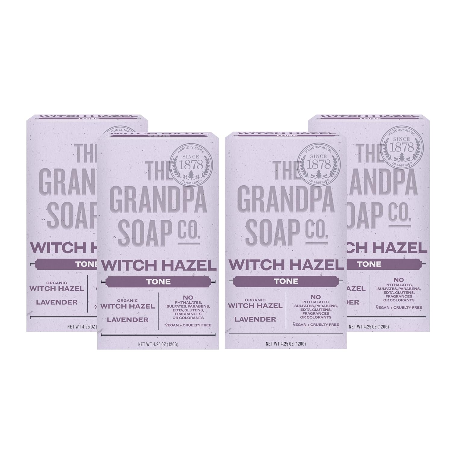 The Grandpa Soap Company Witch Hazel Bar Soap - Gently Tones Skin, With Witch Hazel And Lavender, Provides A Relaxing Effect, Vegan, For Face And Body, 4.25 Oz, 4 Pack
