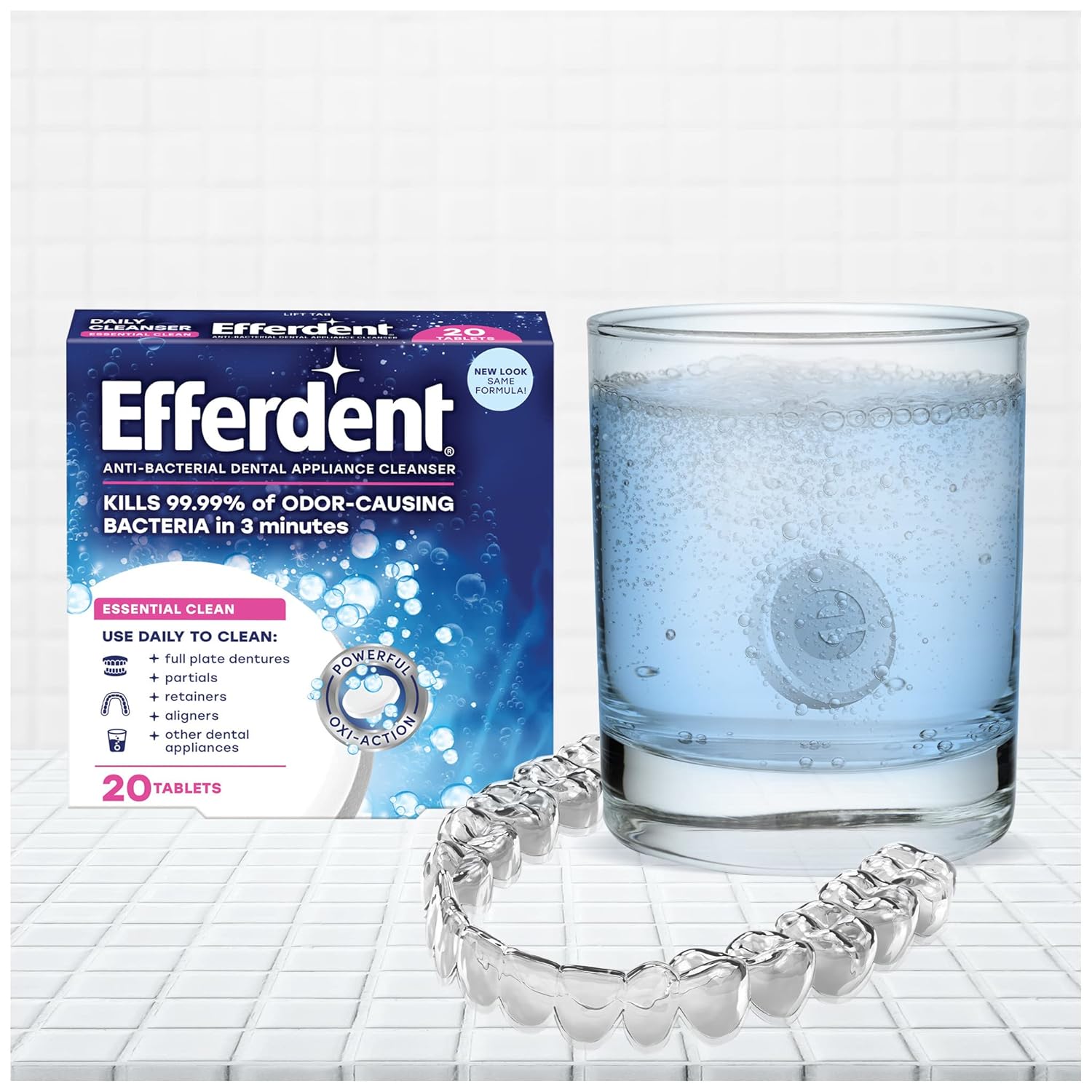 Efferdent Retainer Cleaning Tablets, Denture Cleaning Tablets for Dental Appliances, Essential Clean, 20 Count, 12 Pack : Health & Household