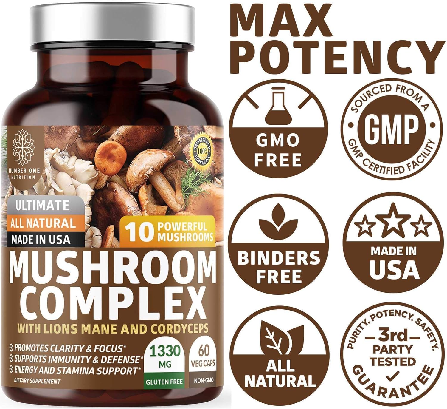 N1N Premium Mushroom Complex [10X Powerful Mushrooms] with Reishi, Lions Mane, Cordyceps, Chaga, Turkey Tail and Maitake to Support Health, Brain Functions and Energy Levels, 60 Veg Caps : Health & Household
