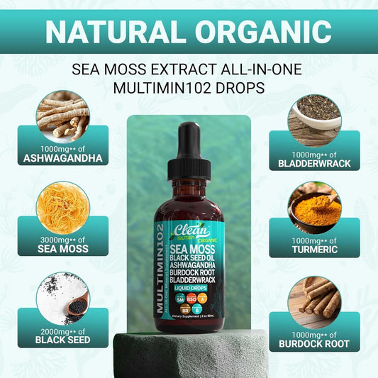 Clean Nutraceuticals Sea Moss Liquid Drops Supplement With Black Seed Oil Ashwagandha Burdock Root & Bladderwrack - Multimineral Organic Non-Gmo Vegan For Gut Heath Skin Immune Support Hair
