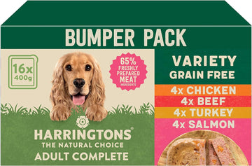 Harringtons Grain Free Hypoallergenic Wet Dog Food Variety Pack 16x400g - Chicken, Beef, Turkey & Salmon - All Natural Ingredients400 g (Pack of 16), Packaging may vary?HARRWBULKV-C400