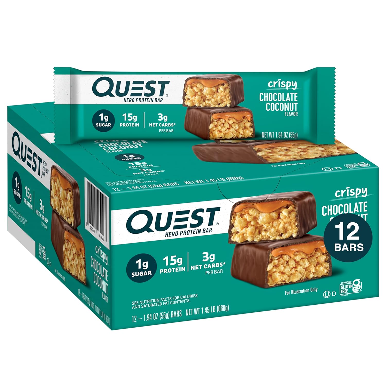 Quest Nutrition Crispy Chocolate Coconut Hero Protein Bar, 15G Protein, 1G Sugar, 3G Net Carbs, Gluten Free Protein Snack, Keto Friendly, 12 Count