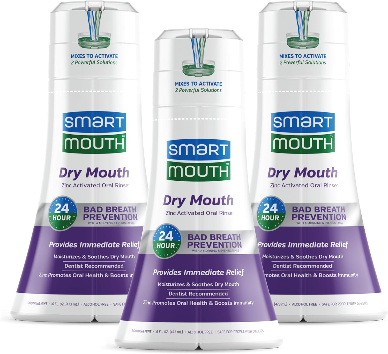 Smartmouth Activated Dry Mouth Mouthwash, Dry Mouth And Bad Breath Relief, Mint, 16 Fl Oz, 3 Pack