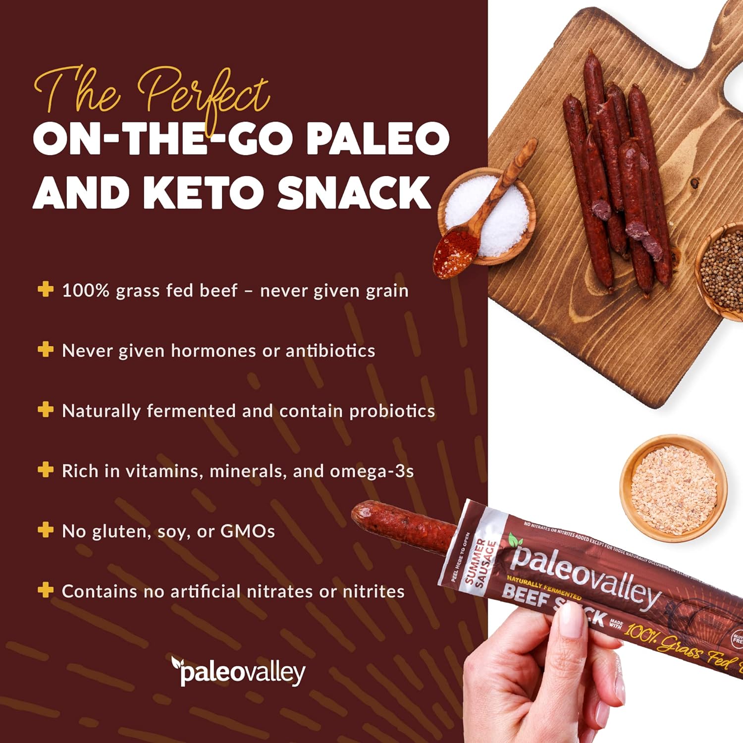 Paleovalley 100% Grass Fed Summer Sausage Beef Sticks - Delicious Gluten Free Beef Snack - High Protein Keto Friendly : Grocery & Gourmet Food