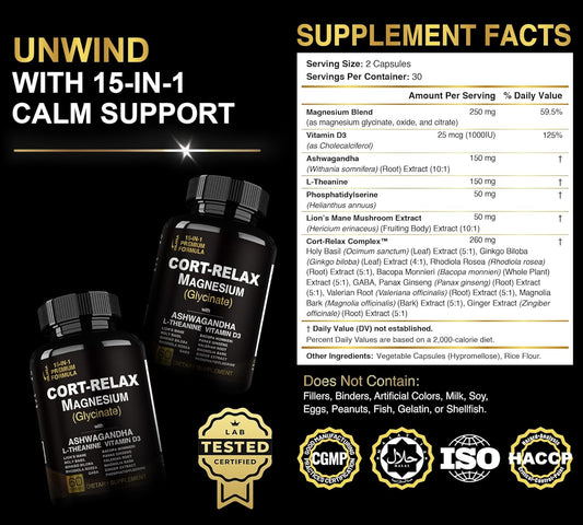 Super Calm Cortisol Supplements For Women & Men With Magnesium Glycinate, Ashwagandha, L-Theanine, Phosphatidylserine, Ginkgo & Lions Mane For Calm, Focus, Mental Clarity, Relaxation, Sleep, Energy
