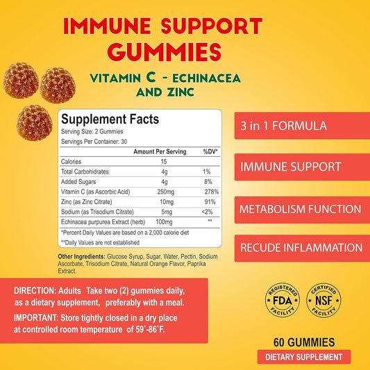 ALFA VITAMINS Immune Support Gummies with Vitamin C Plus Zinc & Echinacea - Daily Immune Support Booster for Adults - Orange Flavor - 60 Gummies