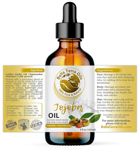 Bella Terra Oils - Organic Jojoba Oil 4oz - Cold-Pressed Excellence, Non-Comedogenic, Bathed in Vitamin C & E, For Those Seeking the Best Oils for Skin