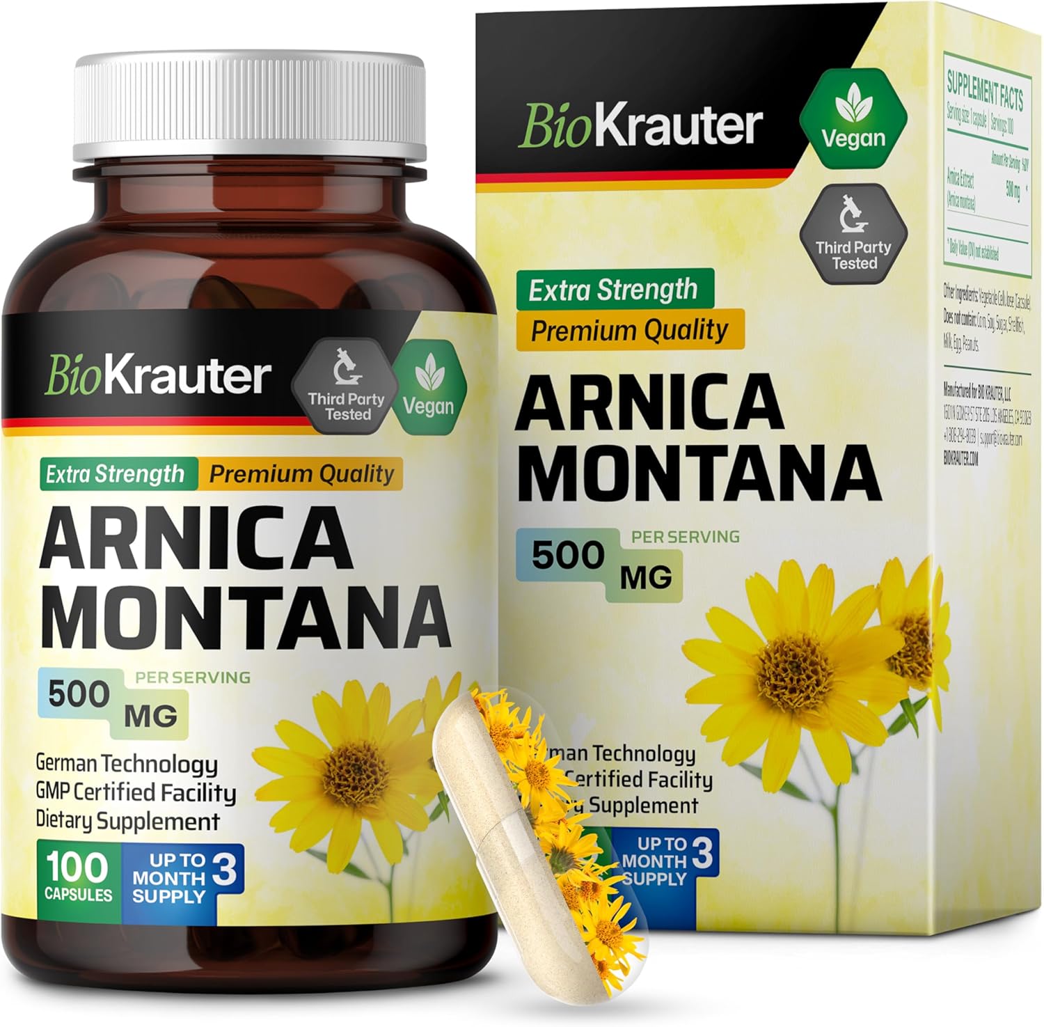Bio Krauter Arnica Montana Capsules - 500 Mg Arnica Capsules For Bruising And Swelling - Vegan - 100 Count