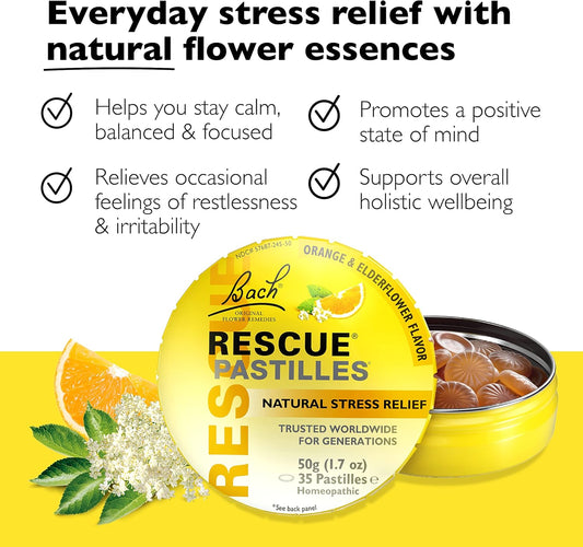 Rescue Bach Pastilles, Orange And Elderflower Flavor, Natural Stress Relief Lozenges, Homeopathic Flower Essence, Vegetarian, Gluten & Sugar-Free, 4 Count