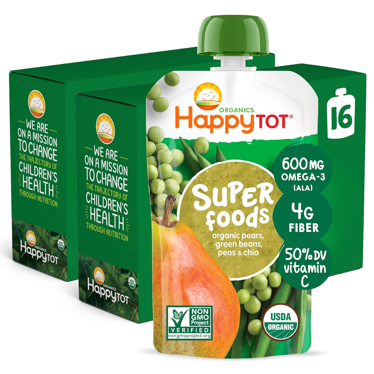 Happy Tot Organics Stage 4 Baby Food Pouches, Gluten Free, Vegan Snack, Superfoods Fruit & Veggie Puree, Pears, Peas, Green Beans & Chia, 4.22 Ounce (Pack Of 16)