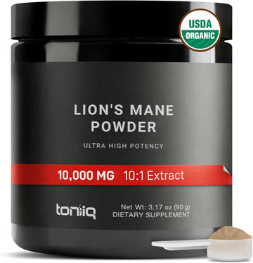 10,000Mg 10X Concentrated Ultra High Strength Organic Lions Mane Powder - Made With Lions Mane Mushroom - 30% Polysaccharides - Highly Concentrated And Bioavailable - 90G Lions Mane Supplement Powder