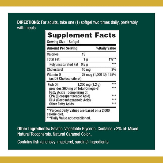 Nature'S Bounty Fish Oil Plus D3, Contains Omega 3, Immune Support & Supports Heart Health, 1200Mg Fish Oil, 360Mg Omega 3, 1000Iu Vitamin D3, 90 Softgels