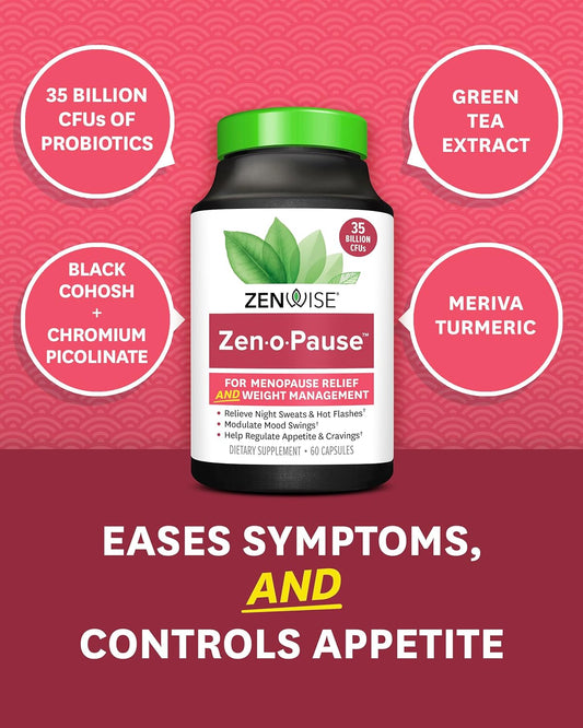 Zenwise Health ZenoPause for Menopause Relief and Weight Management | Digestive Health, Bone Density and Gut Balance | Probiotics, Green Tea and Black Cohosh - 60 Count