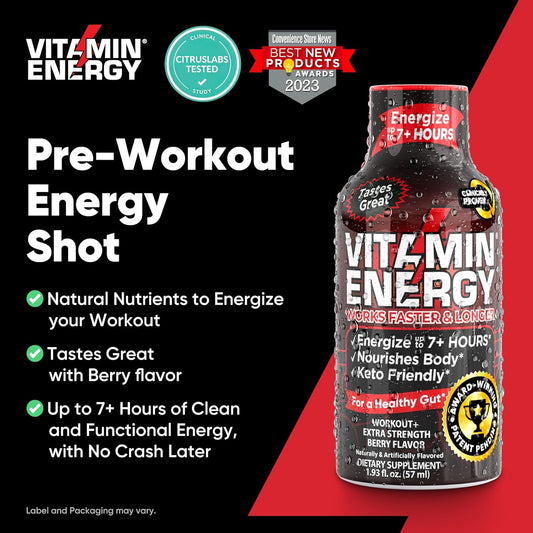 Pre Workout Vitamin Energy Drink - Keto Friendly Sugar Free Shots | Natural Clean Green Tea Caffeine With Proprietary Endurance Blend | Energize Up To 7+ Hours - Berry - 1.93 Fl Oz (Pack Of 12)