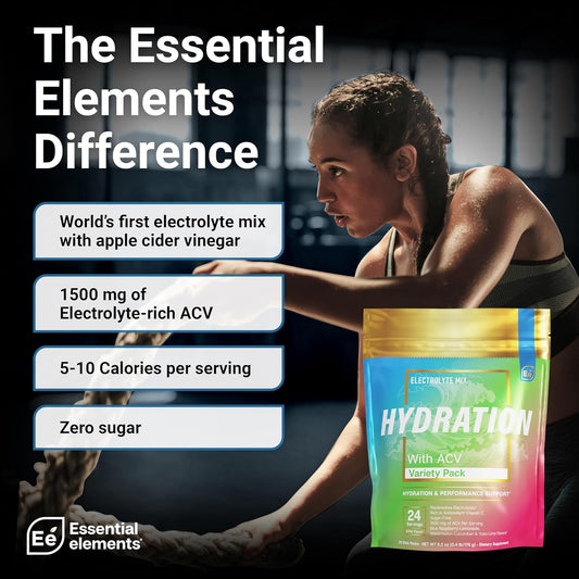 Essential Elements Hydration Packets - Electrolytes Powder Packets Sugar Free - 24 Stick Packs Of Electrolytes Powder No Sugar - Electrolyte Water Drink Mix With Acv & Vitamin C - Variety Pack