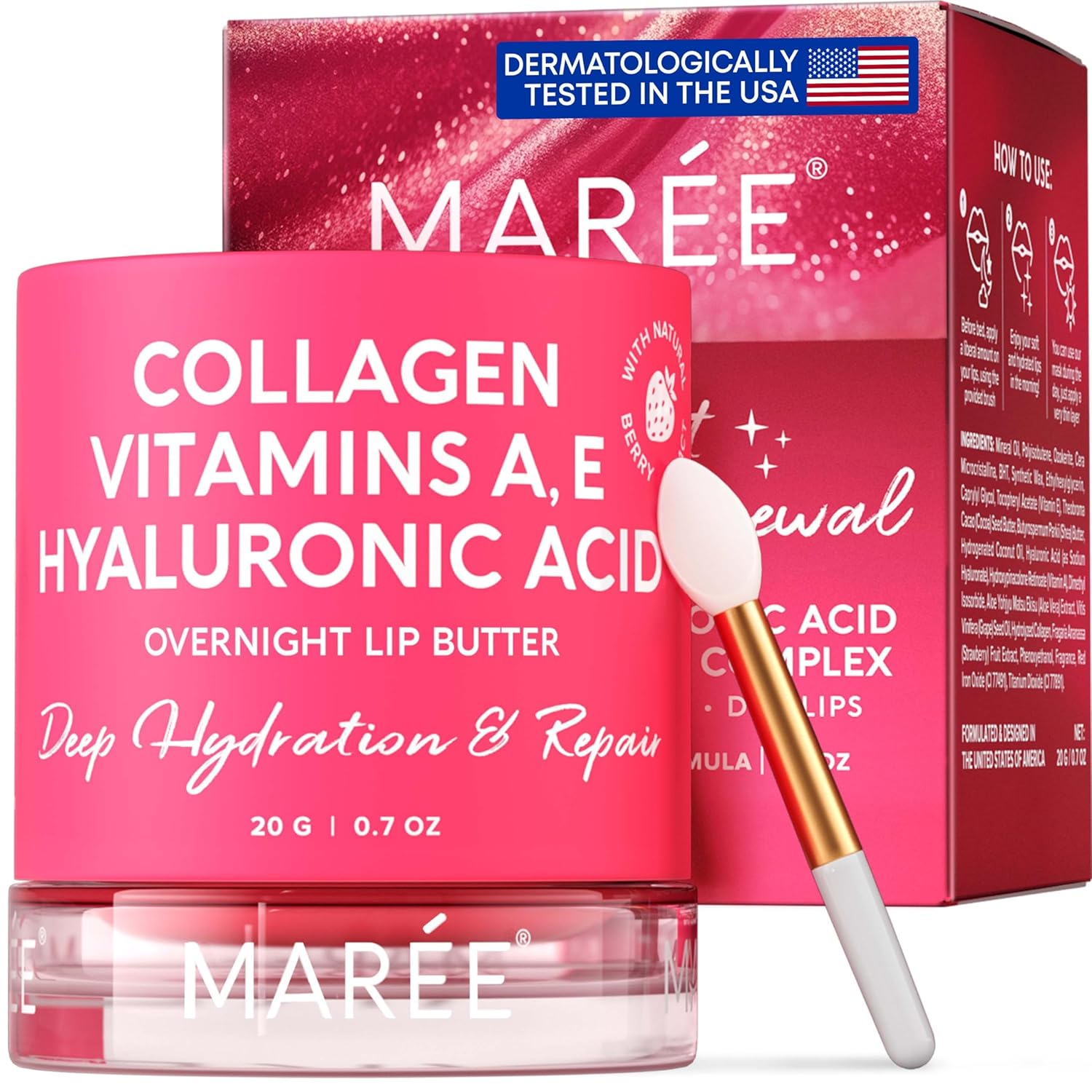 Maree Lip Mask With Hyaluronic Acid & Coconut Oil - Overnight Collagen Lip Butter To Nourish & Hydrate Dry Cracked Lips - Moisturizer For Skin Care With Shea & Cocoa Butter - Sleeping Lip Butter Balm