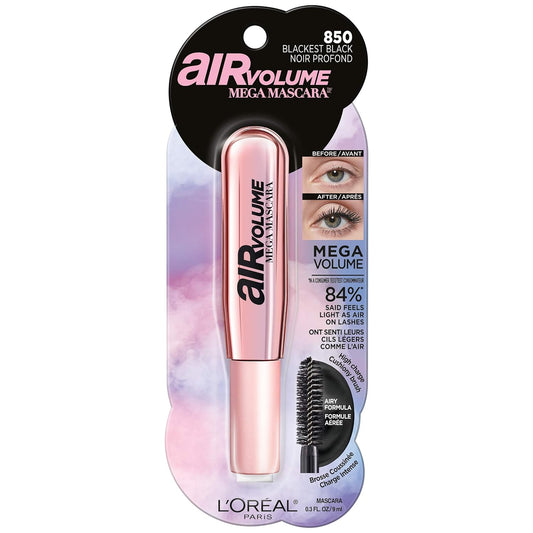 L'Oreal Paris Makeup Air Volume Mega Mascara, Lightweight & Long-Lasting Volumizing Mascara For Voluminous Eyelashes, Washable Blackest Black, 0.3 Fl Oz