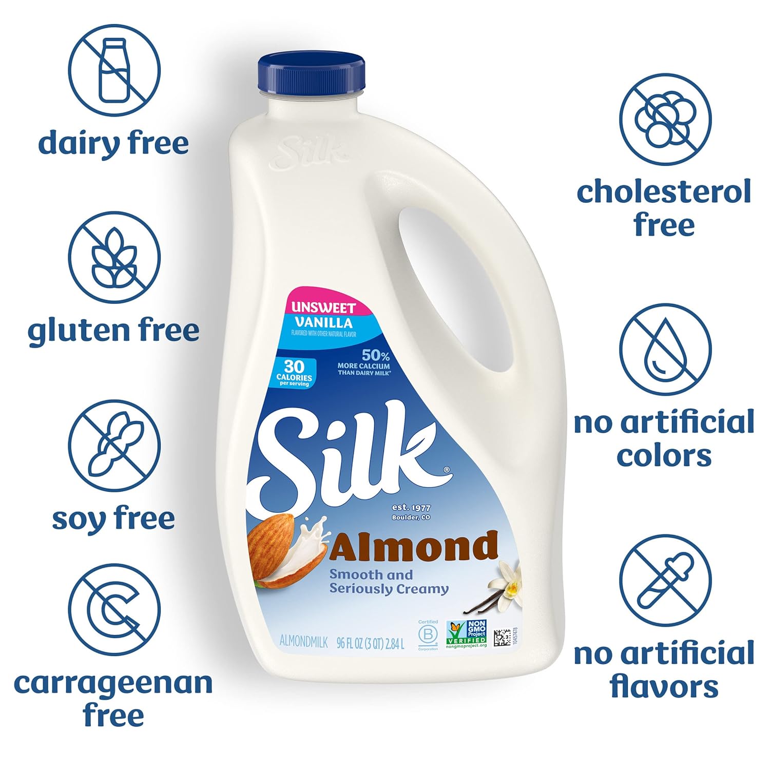 Silk Almond Milk, Unsweet Vanilla, Dairy Free, Gluten Free, Seriously Creamy Vegan Milk With 50% More Calcium Than Dairy Milk, 96 Fl Oz Bottle