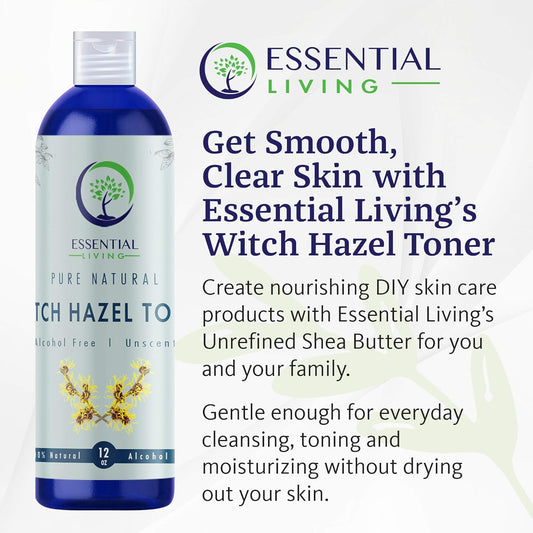Essential Living: Witch Hazel Toner - Pure And Unscented - 12 Oz. Natural Botanical Facial Skin Care Product For Acne And Blemishes - Helps Balance Skin Ph - Fights Skin Inflammation - Made In The Usa