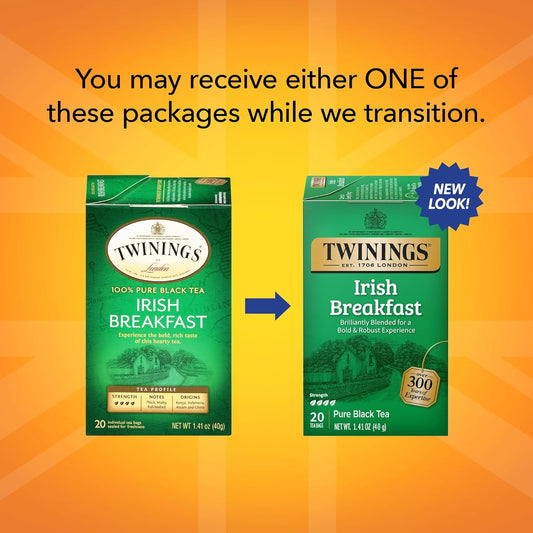 Twinings Irish Breakfast Individually Wrapped Tea Bags, 20 Count (Pack Of 6), Caffeinated, Flavourful, Robust Black Tea, Enjoy Hot Or Iced