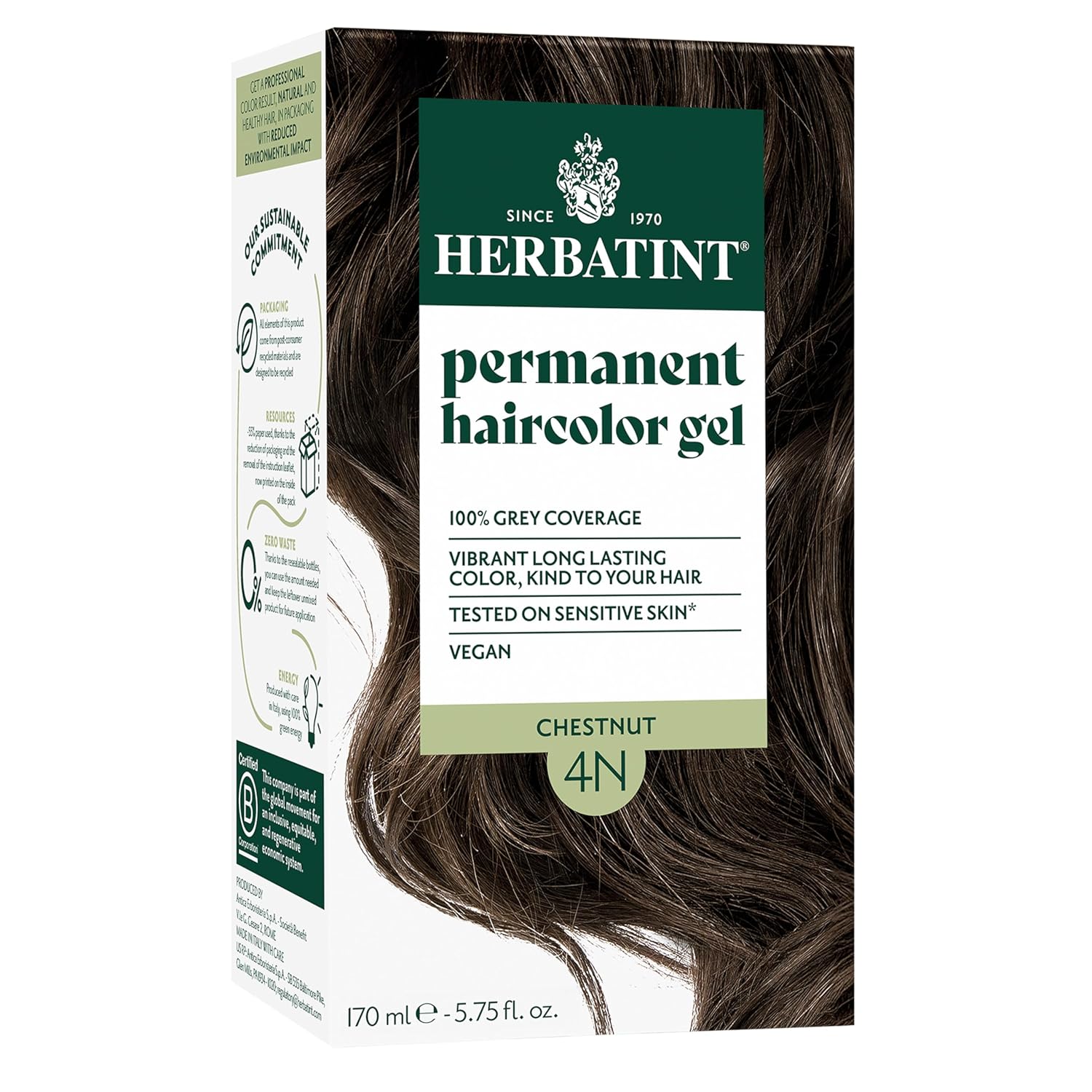 Herbatint Permanent Hair Dye For Women - 4N Chestnut - For Up To 100% Gray Coverage Of Resistant Gray Hair - Ammonia-Free, Alcohol-Free & Vegan - Salon Influenced Hair Color 5.75 Fl Oz