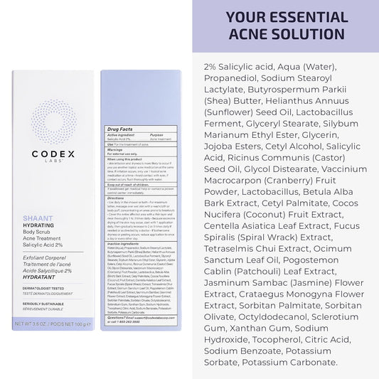 Codex Labs Shaant Hydrating Acne Body Scrub - Oil Control Exfoliator - For Acne Prone Skin, All Skin Types - With 2% Salicylic Acid, White Birch Bark - Cruelty-Free, Vegan Skincare (100G)