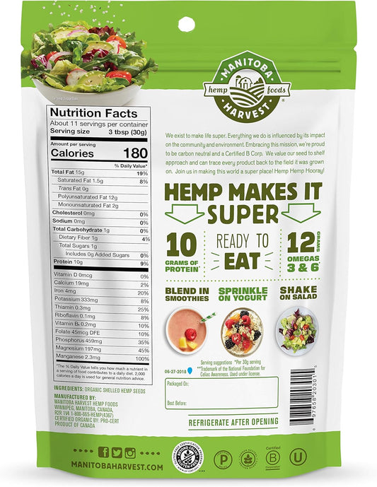 Manitoba Harvest Organic Hemp Hearts, 12Oz; 10G Plant Based Protein And 12G Omega 3 & 6 Per Srv | Smoothies, Yogurt & Salad | Non-Gmo, Vegan, Keto, Paleo, Gluten Free