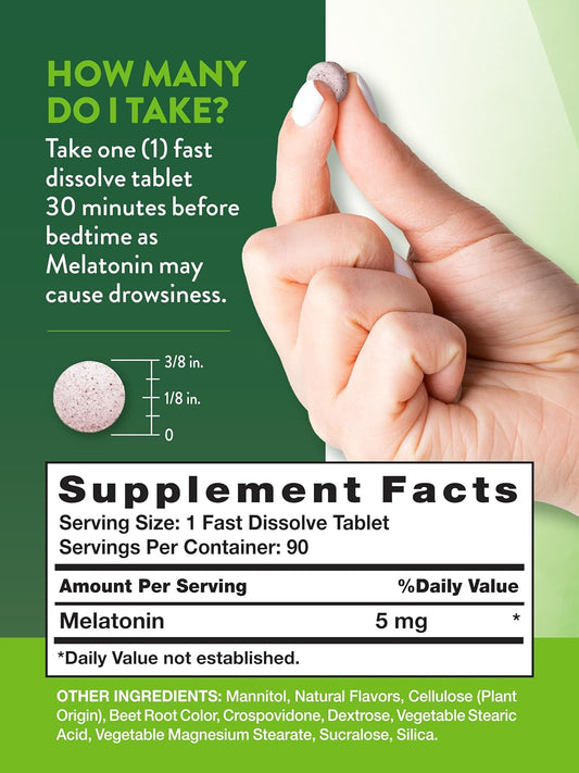 Melatonin 5 Mg | 90 Fast Dissolve Tablets | Natural Berry Flavor | Vegetarian, Non-Gmo & Gluten Free Supplement | By Nature'S Truth