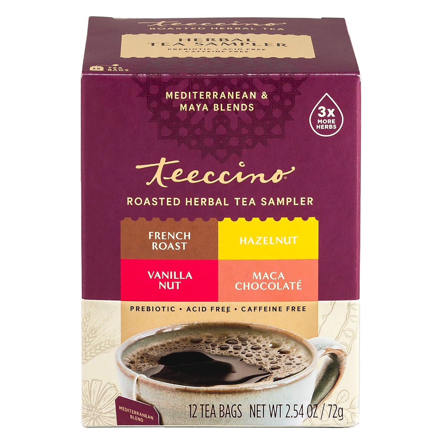 Teeccino Herbal Tea Sampler Assortment - Maca Chocolaté, French Roast, Hazelnut, Vanilla Nut - Roasted Caffeine Free Herbal Tea, Prebiotic for Natural Energy, 12 Tea Bags : Grocery & Gourmet Food