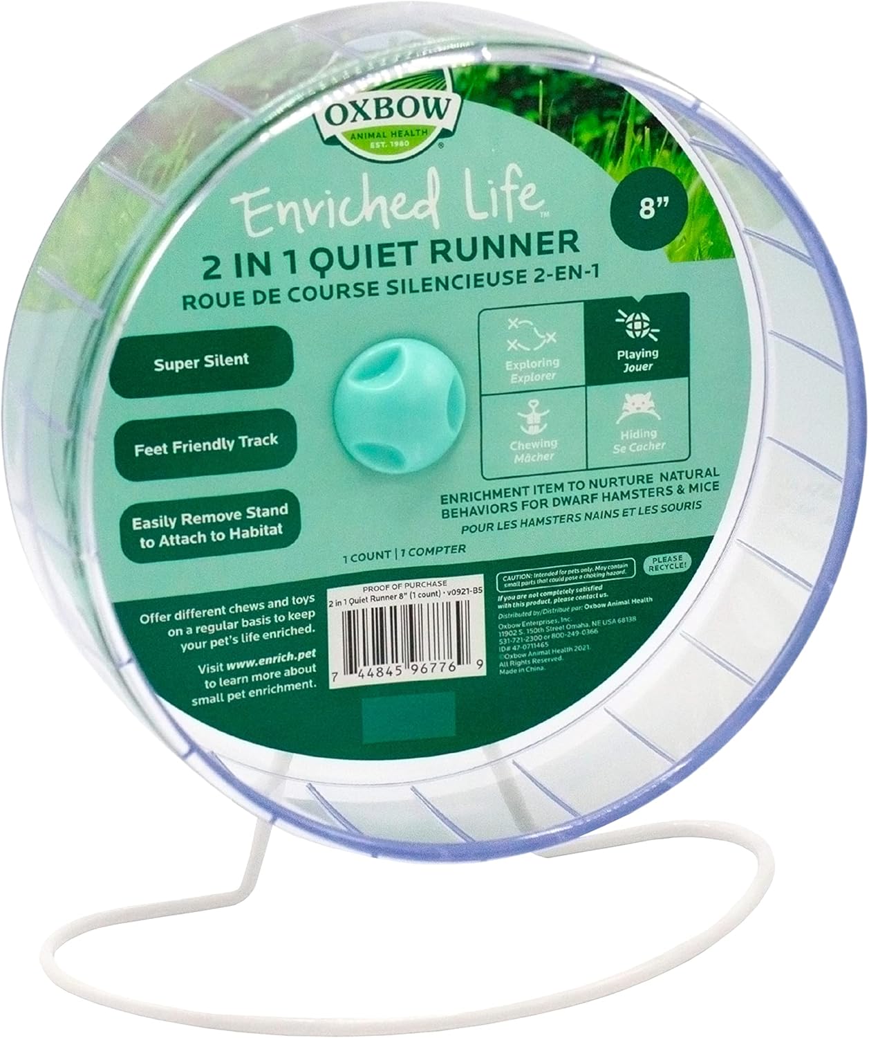 Oxbow Enriched Life Small Animal Accessories - Exercise Wheel For Dwarf Hamsters & Mice - 2 In 1 Quiet Runner - 8 Inch