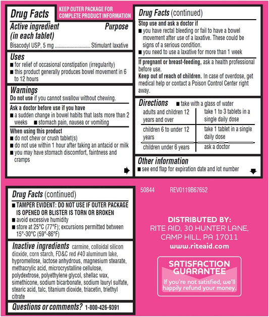 Rite Aid Stimulant Laxative Tablets, Bisacodyl Usp, 5 Mg - 90 Count | Constipation Relief | Coated For Easy Swallowing | Women Health | Stool Softener