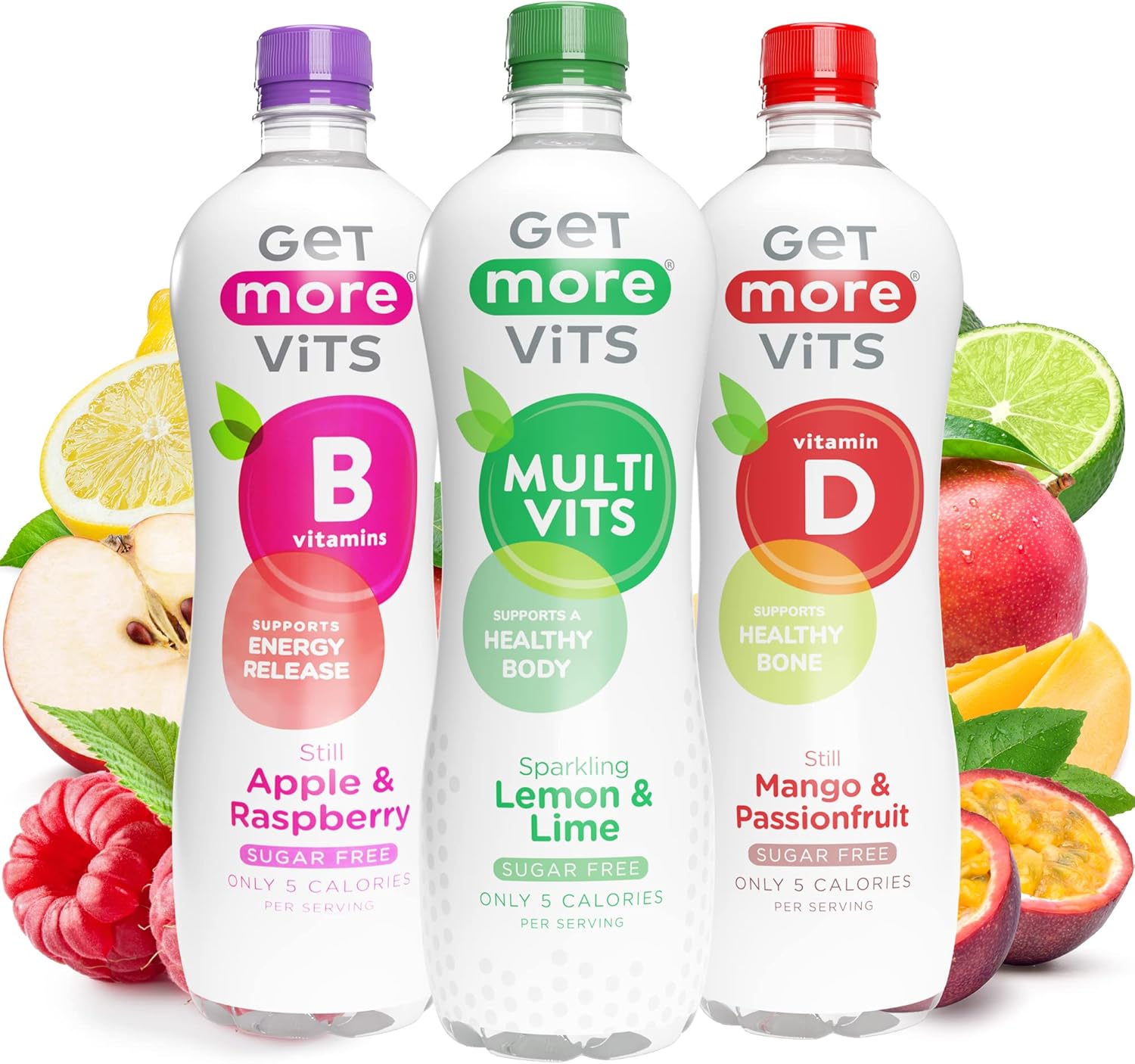 Get More Vits Still & Sparkling Water - Low Calorie, Sugar Free, & Multivitamin Fizzy Drink With Vitamin D, C, & B Vitamins - Pack Of 12 Multi-Flavoured Water Multipack - 1 Litre Bottle, 3 Flavours