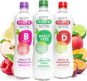 Get More Vits Still & Sparkling Water - Low Calorie, Sugar Free, & Multivitamin Fizzy Drink With Vitamin D, C, & B Vitamins - Pack Of 12 Multi-Flavoured Water Multipack - 1 Litre Bottle, 3 Flavours