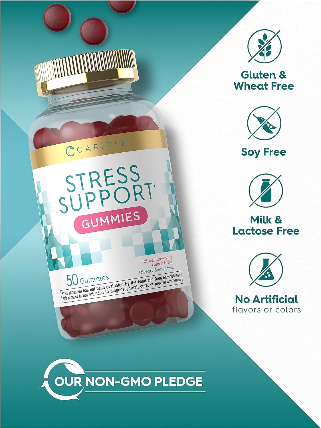 Carlyle Stress Support Gummies | 50 Count | with GABA and L-Theanine | Strawberry Lemon Flavor | Non-GMO, Gluten Free Supplement : Health & Household
