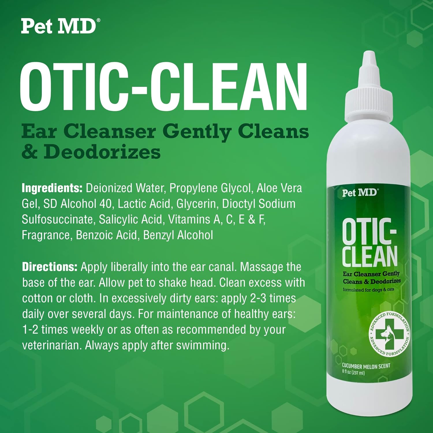 Pet MD Otic Clean Dog Ear Cleaner for Cats and Dogs - Effective Against Infections Caused by Infections, Itching and Controls Ear Odor - 8 oz (Cucumber Melon) : Pet Supplies