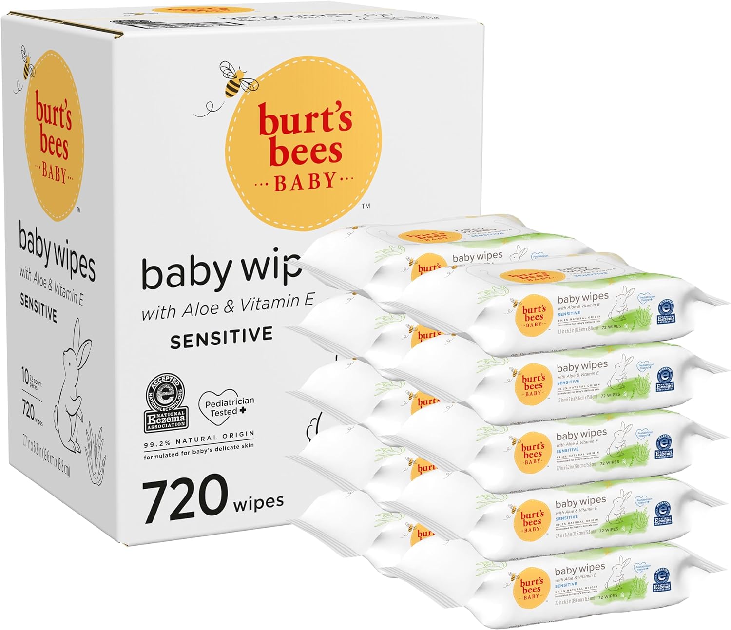 Burt’S Bees Baby Wipes, Unscented Natural Baby Wipes For Sensitive Skin With Aloe And Vitamin E - 72 Wipes – 10 Pack