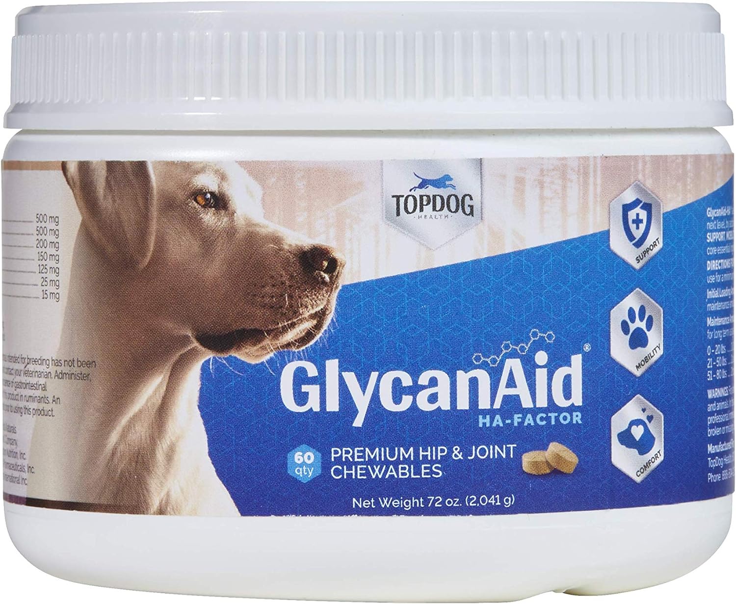 GlycanAid-HA Advanced Joint Supplement for Dogs (60 Chewable Tablets) - Made in USA with USA Ingredients - Contains Glucosamine HCL, Chondroitin Sulfate, Hyaluronic Acid, MSM, Cetyl-M
