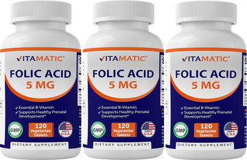 Vitamatic 3 Pack Folic Acid 5mg (5000 mcg) - 120 Vegetarian Tablets - (Vitamin B9 Folate) (Total 360 Tablets)