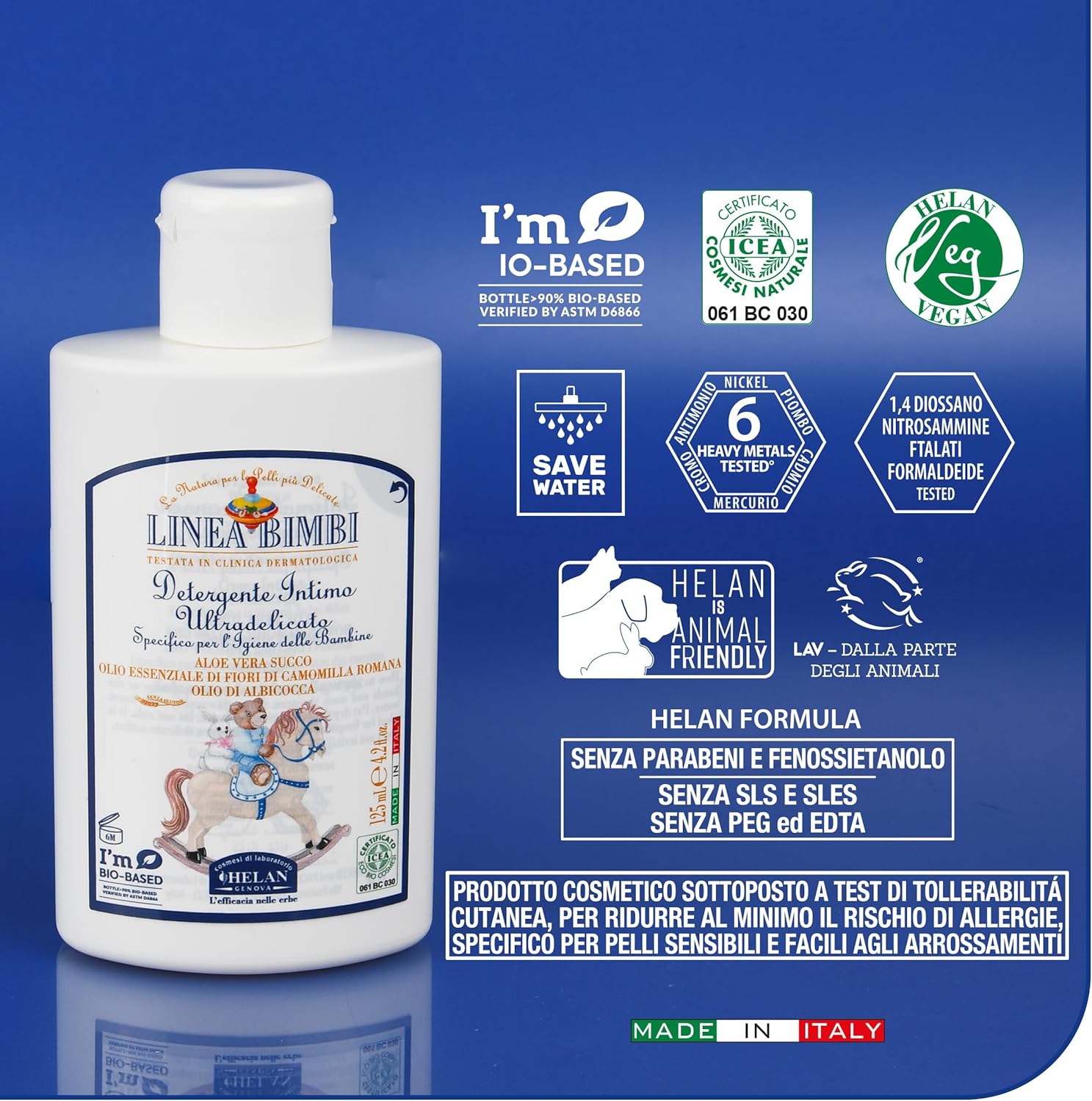Helan, Linea Bimbi Bio - Intimate Wash For Girls With Aloe Vera, Apricot & Chamomile Essential Oils, Microbiologically Tested For Intimate Hygiene, Gentle Baby Intimate Cleanser, Made In Italy, 125 Ml